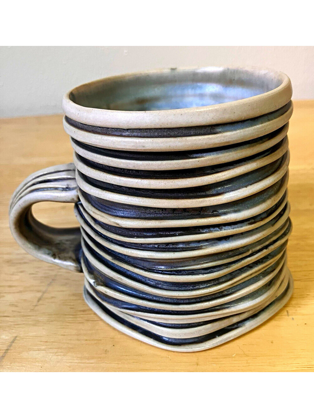 Ceramic 12 fl oz Mug Gray Black Beige Striped Modern Abstract Decor signed